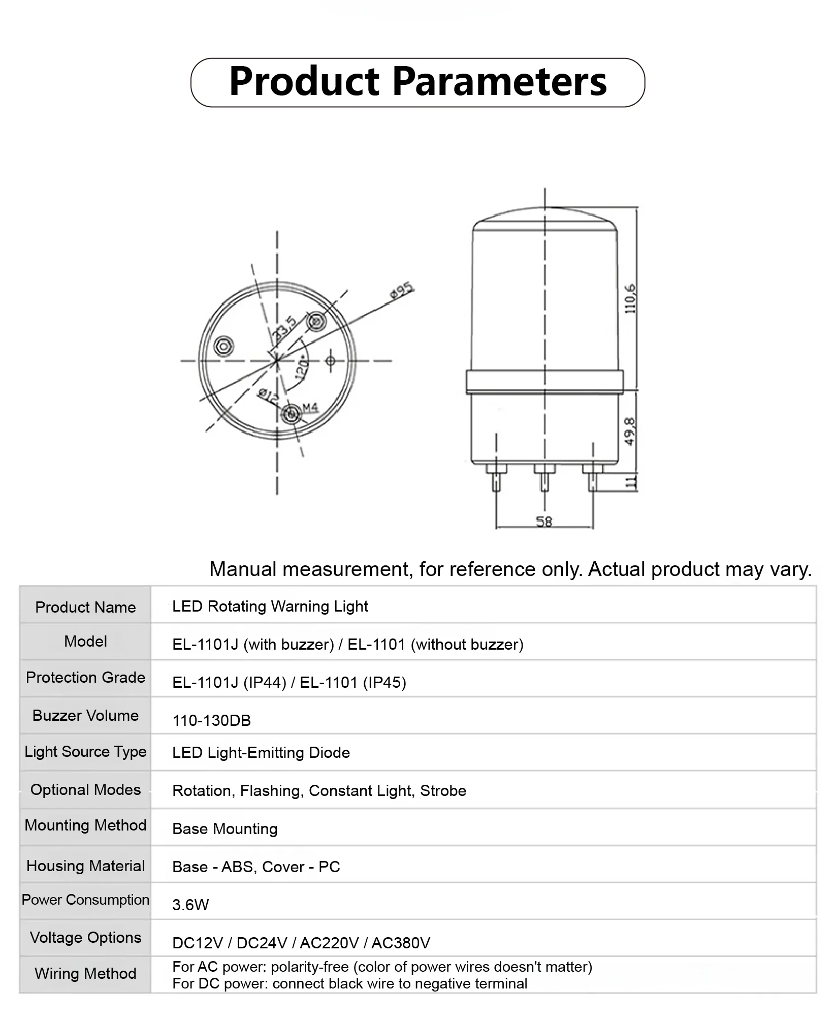 EL-1101J-R LED Warning Light Industrial Beacon Rotating Strobe Signal Lamp Audib