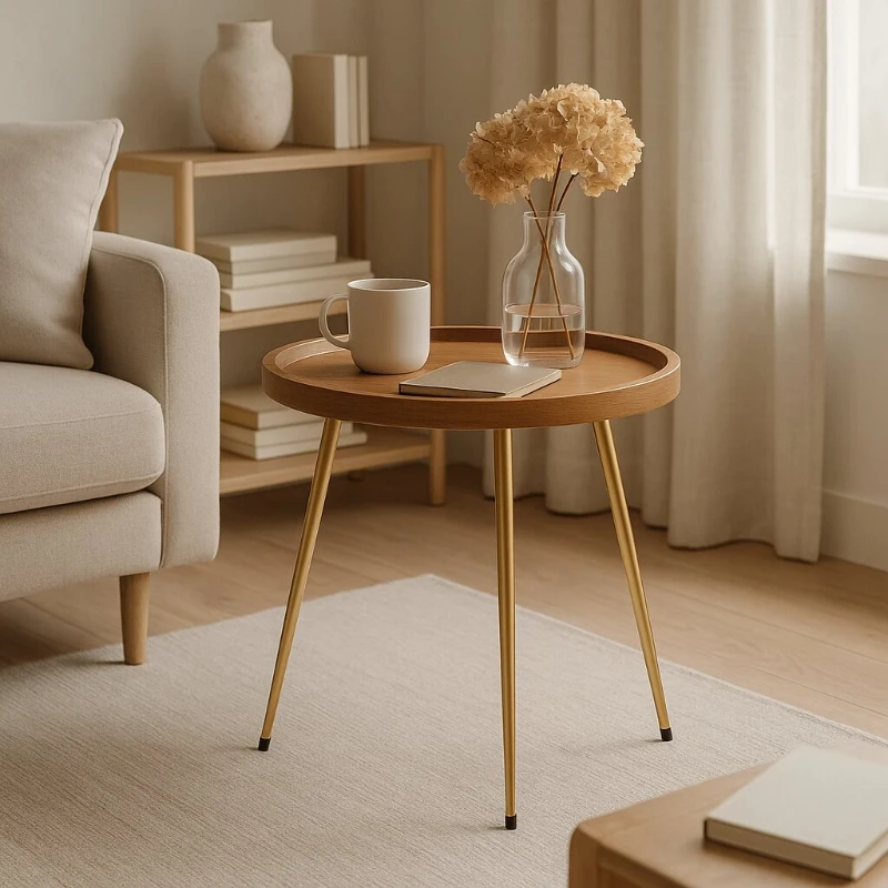 Elegant Round Oak Coffee Table with Golden Frame
