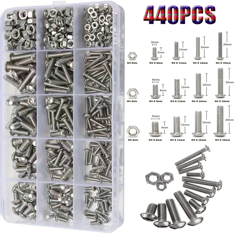 

440pcs 304 Stainless Steel Hex Button Socket Head Cap Screw Hexagon Thread Machine Metric Nut Bolt Assortment Kit Set M3 M4 M5