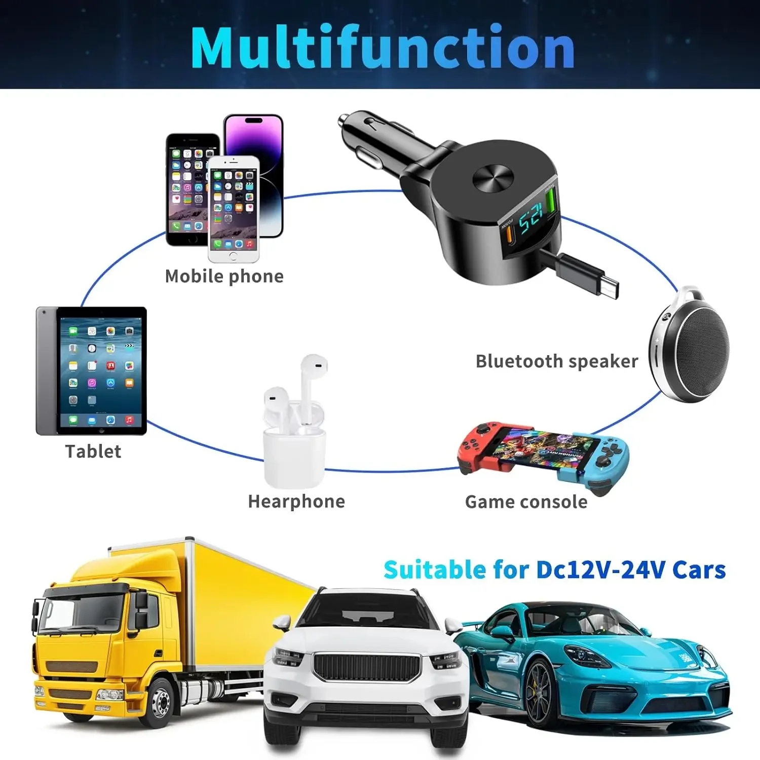 Aluminum Car Charger with Dual Cables for Fast Charging