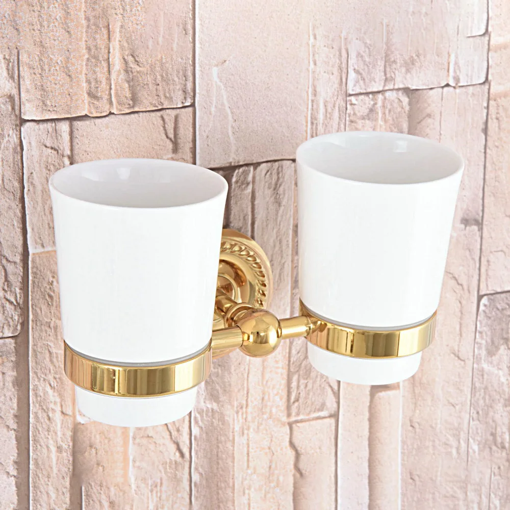 

Luxury Bathroom Golden Polished Toothbrush Holder Solid Brass Base Dual Ceramics Cups Wall Mounted Nba599