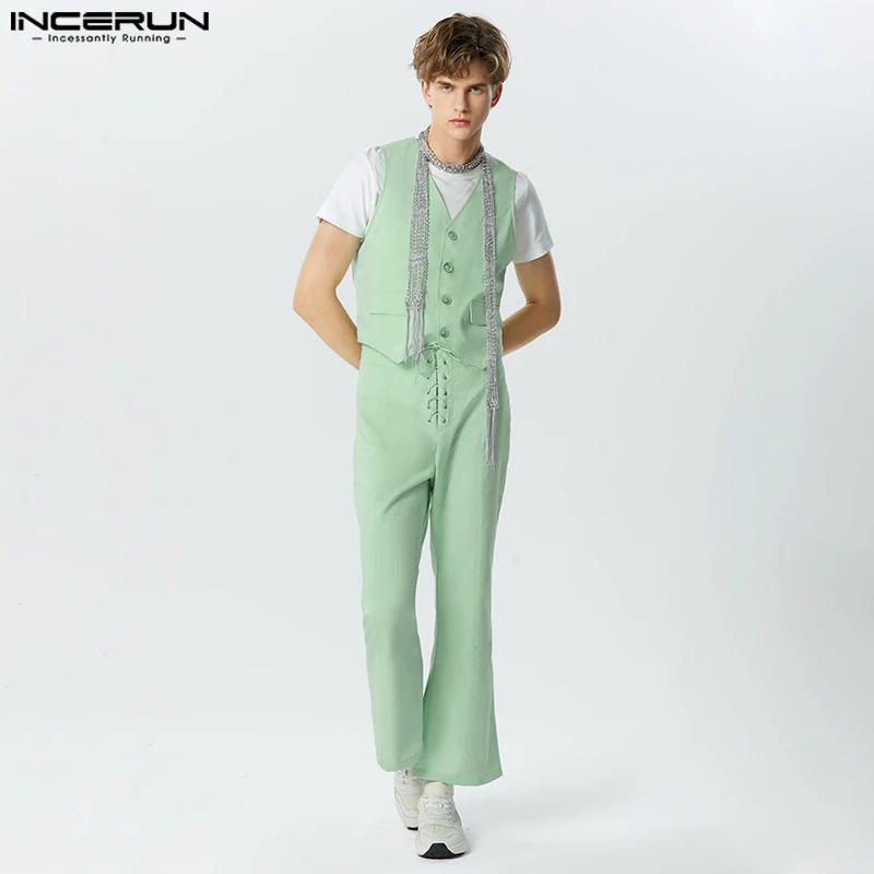 

Fashion Casual Style New Men Sets INCERUN Solid Vests Waist Strap Design Pants Party Shows Hot Selling Male Two Piece Sets S-5XL