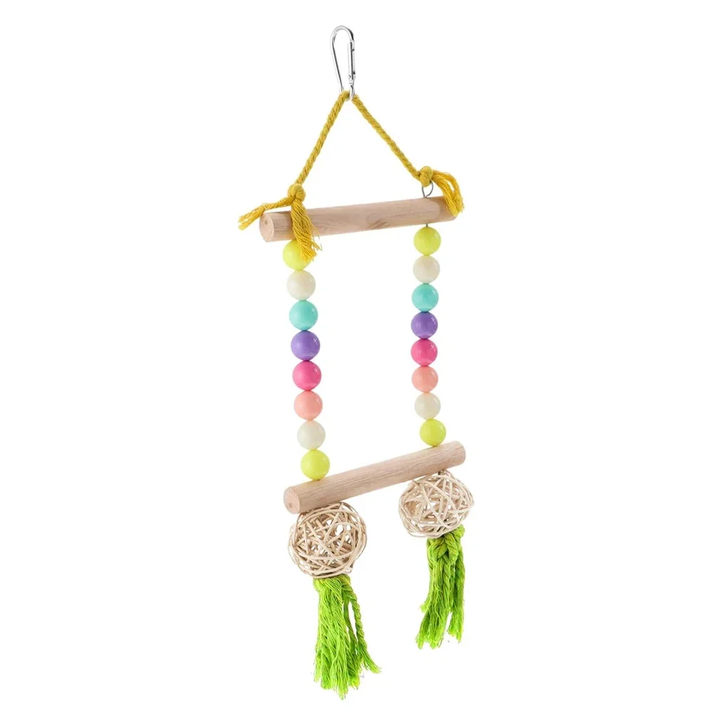 Random Color 1pc Beaded Solid Wood Bird Swing Toy with Bell Perch Claw Care Stand Toy for Parrot BirdCage Decorative Accessories