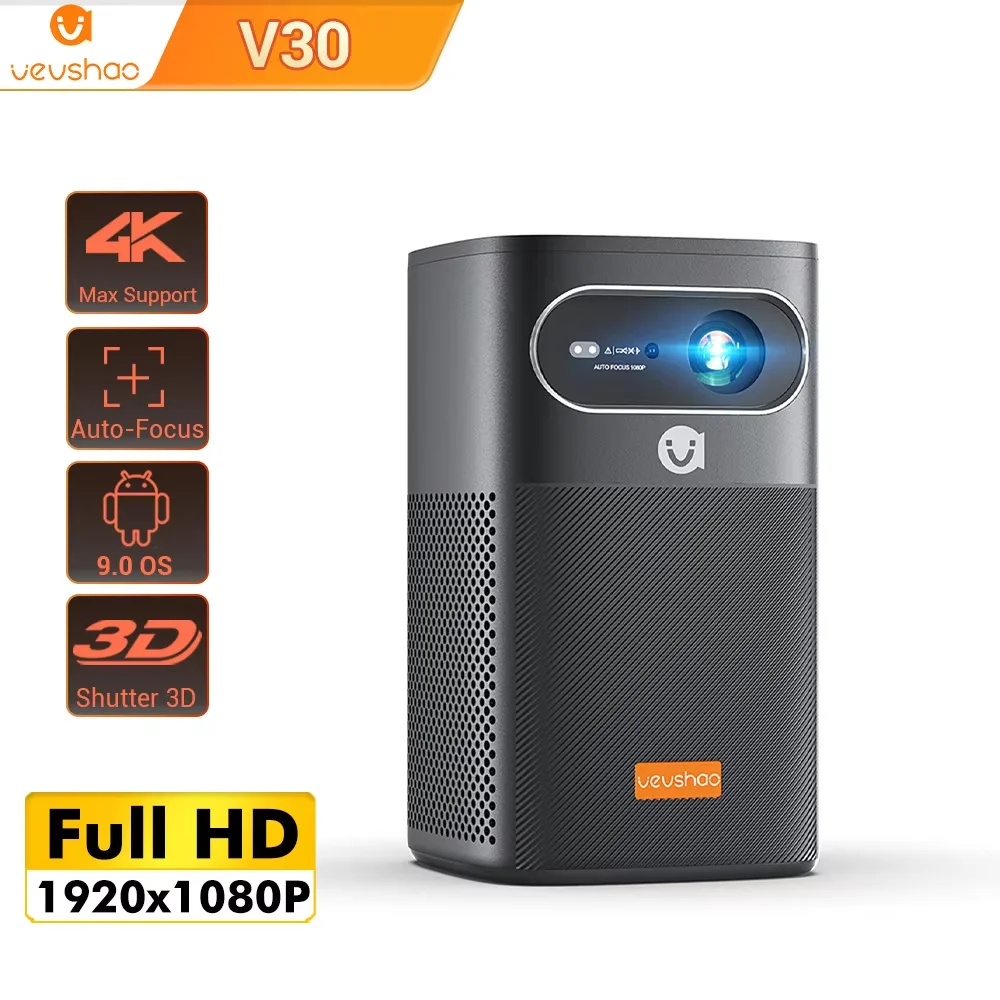VEVSHAO V30 Projector, 3D Smart 4K Android WiFi Portable 1080P Home Theater Video LED DLP Projector with 15000mAh Battery