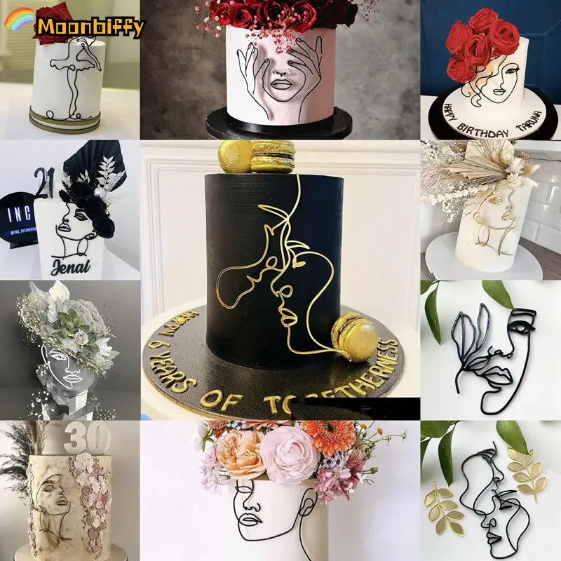 Acrilico Minimalista Art Lady Face Cake Topper Girl Happy Birthday Cake Decoration Wedding Cake Toppers Decor Party Supplies