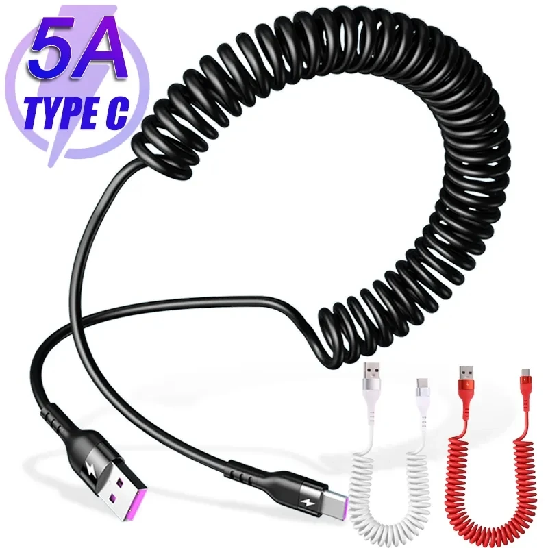 차량용 고속 충전 용수철 풀 텔레스코픽 USB C 케이블, 아이폰, 삼성, 샤오미 데이터 와이어 코드, 5A