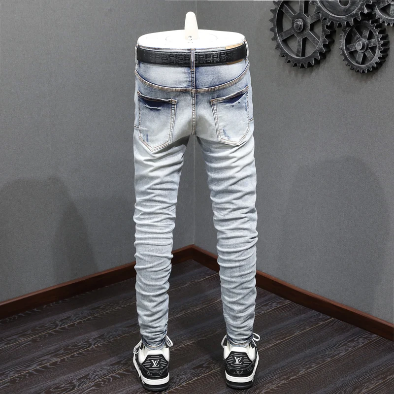 High Street Fashion Men Jeans Retro Light Blue Elastic Skinny Fit Ripped Jeans Men Patched Designer Hip Hop Brand Pants Hombre