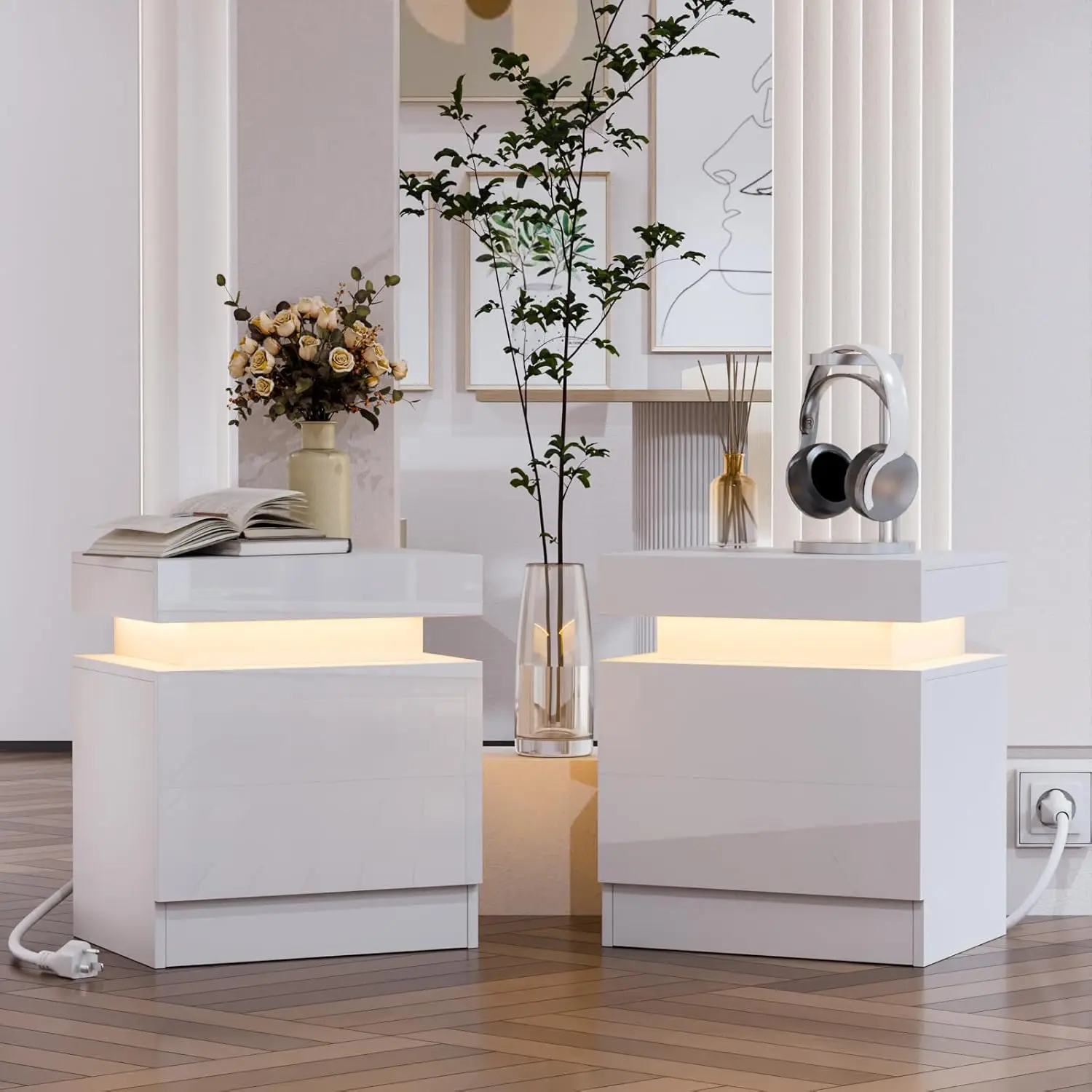 Set of 2 LED Nightstands Modern White Nightstand with Led Lights Wood Matte Led Bedside Table Night Stand with 2 High Glo