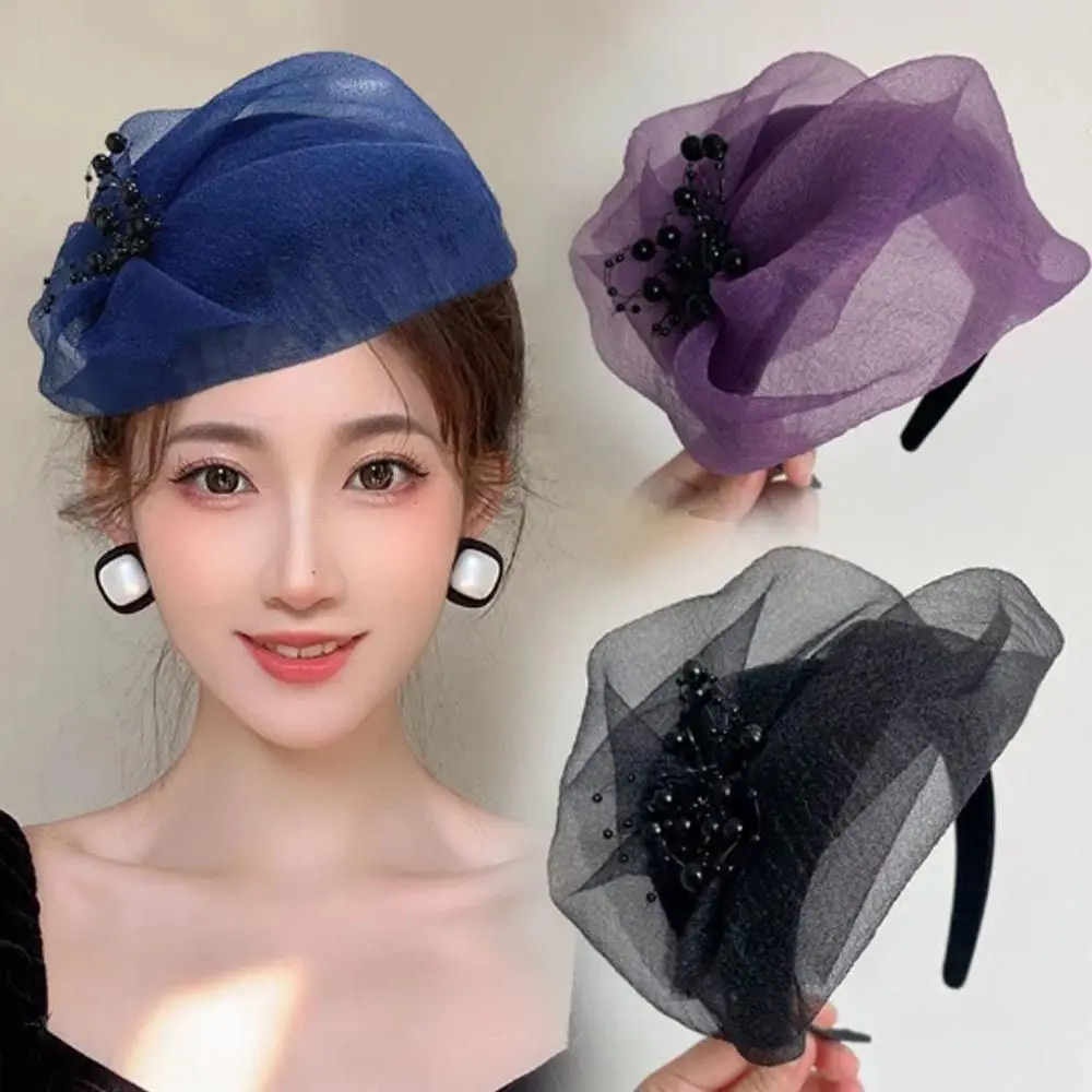 French Beaded Mesh Hairband Elegant Dinner Party Hairband Plastic Bead Yarn Half Hat Hair Accessories Mesh Veil Fascinator Hat hair accessories