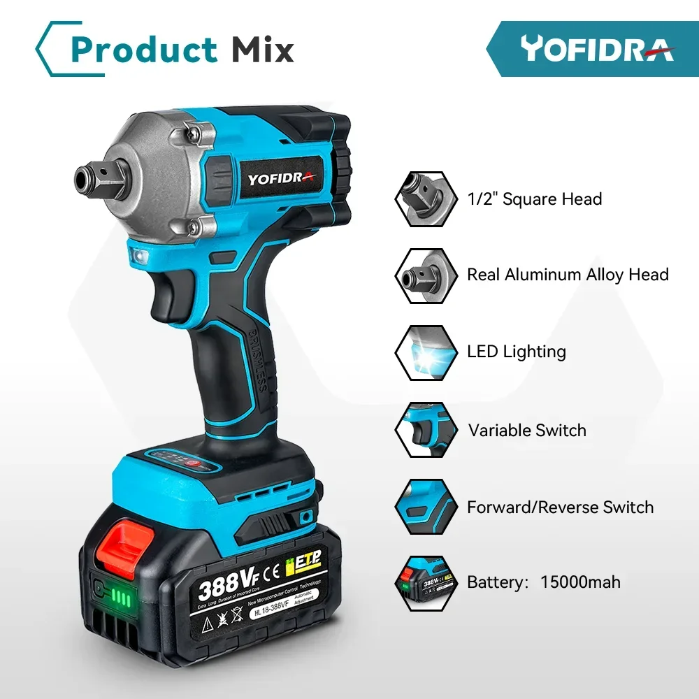 Yofidra 1000N.m 20V Brushless Electric Impact Wrench Cordless Wrench Socket 1/2 Inch Li-ion Battery For Makita 18V Battery