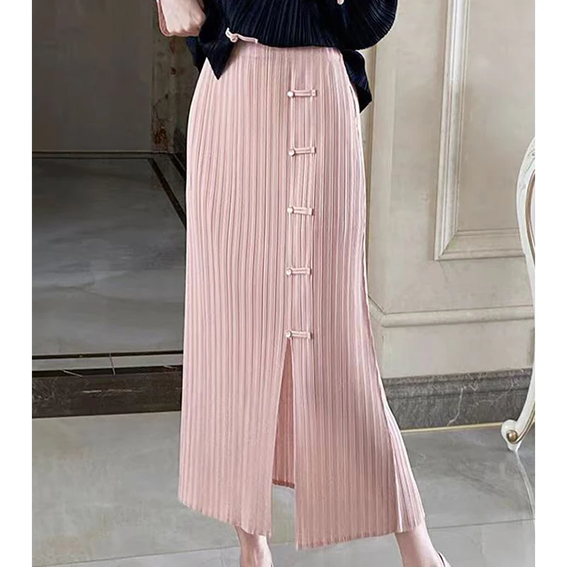 Woman Clothing Miyake Pleated Skirt Retro Buckle Commuting Versatile Elastic Waist Slit A-line Pleated Skirt New Women's Skirt