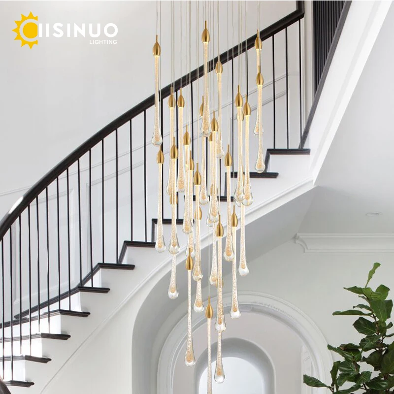 

Modern long staircase chandelier crystal lamp gold large living room led suspension light fixture luxury villa water design drop