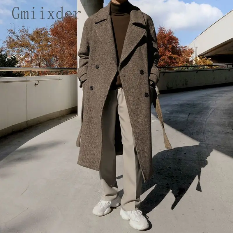 Gmiixder 남성용 두꺼운 모직 코트, 무릎 위 중간 길이 바람막이, 루즈 헤링본 모직 재킷, 한국 우아한 겨울