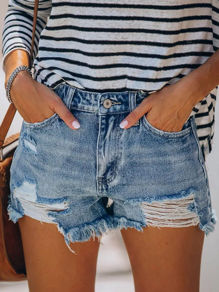 

Sexy Ripped Tassel Skinny Jean Shorts With Pockets Women High Waist Summer Streetwear Washing Distressed Blue Hole Denim Shorts