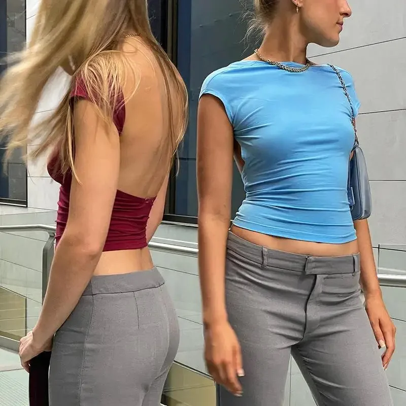 

Женская облегающая футболка с коротким рукавом, однотонная облегающая футболка с открытой спиной, модель Y2K на лето, 2022