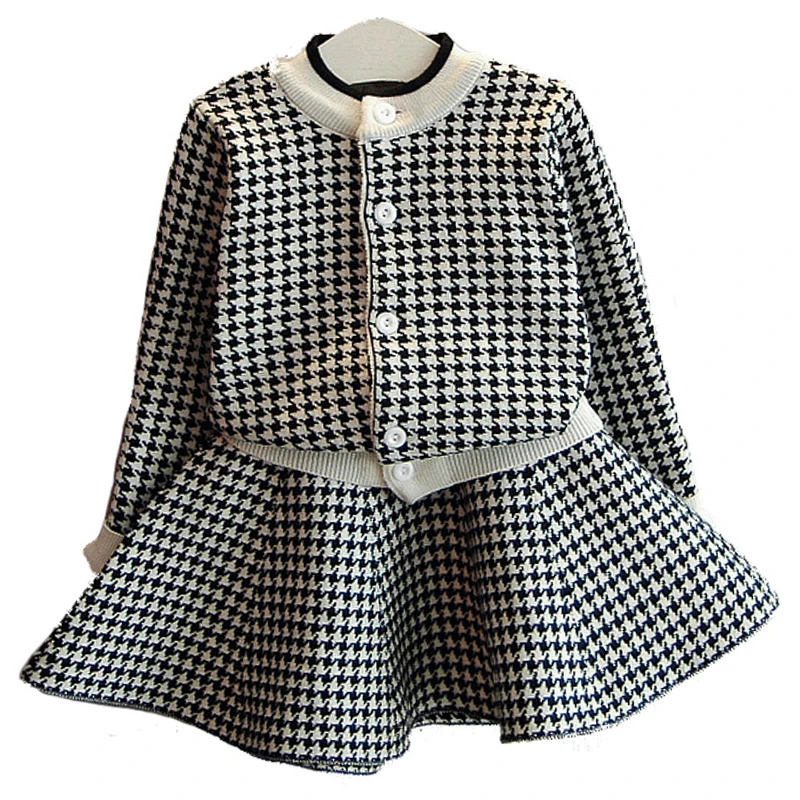 

2Piece Spring Autumn Kids Clothes Girls Outfit Sets Korean Cute Plaid Knit Baby Sweater+Skirt Children Boutique Clothing BC1268