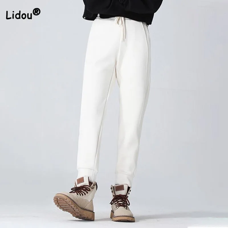 Autumn Winter Casual Korean Thick Solid Sports Pants Women's Clothing Simplicity Fashion Elastic High Waist Trousers for Female