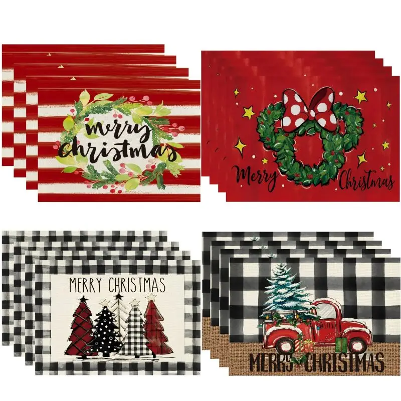 Buffalo Plaid Merry Christmas Placemats Heat Insulation Stain-Resistant Square Linen Table Mats for Dining Table Decoration 1