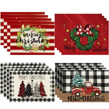 Buffalo Plaid Merry Christmas Placemats Heat Insulation Stain-Resistant Square Linen Table Mats for Dining Table Decoration 1