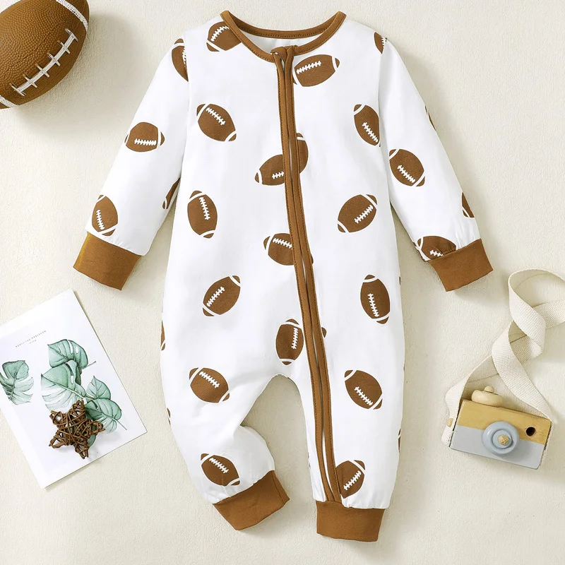 Citgeett Autumn Infant Baby Girls Boys Romper Rugby Print Long Sleeve Jumpsuits Fall Casual Clothes Zipper Suit