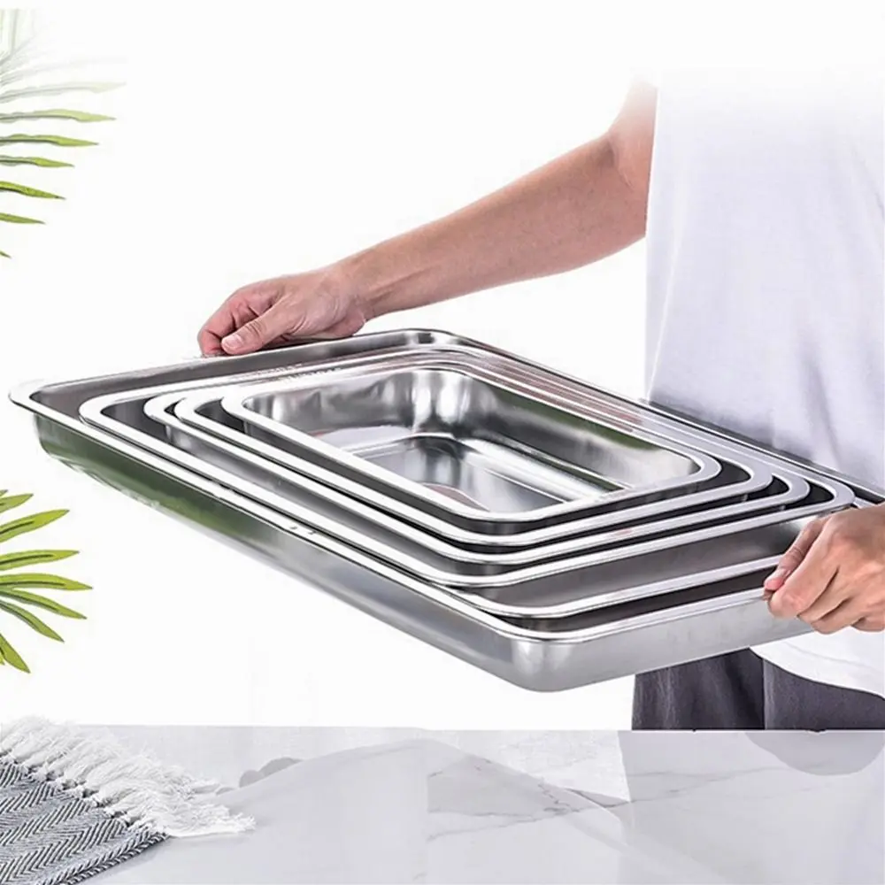 1Pcs Grill Meat Deep Stainless Steel Tray Rectangle Kitchen Accessories Steamed Rice Sausage Plate Barbecue Tea Storage