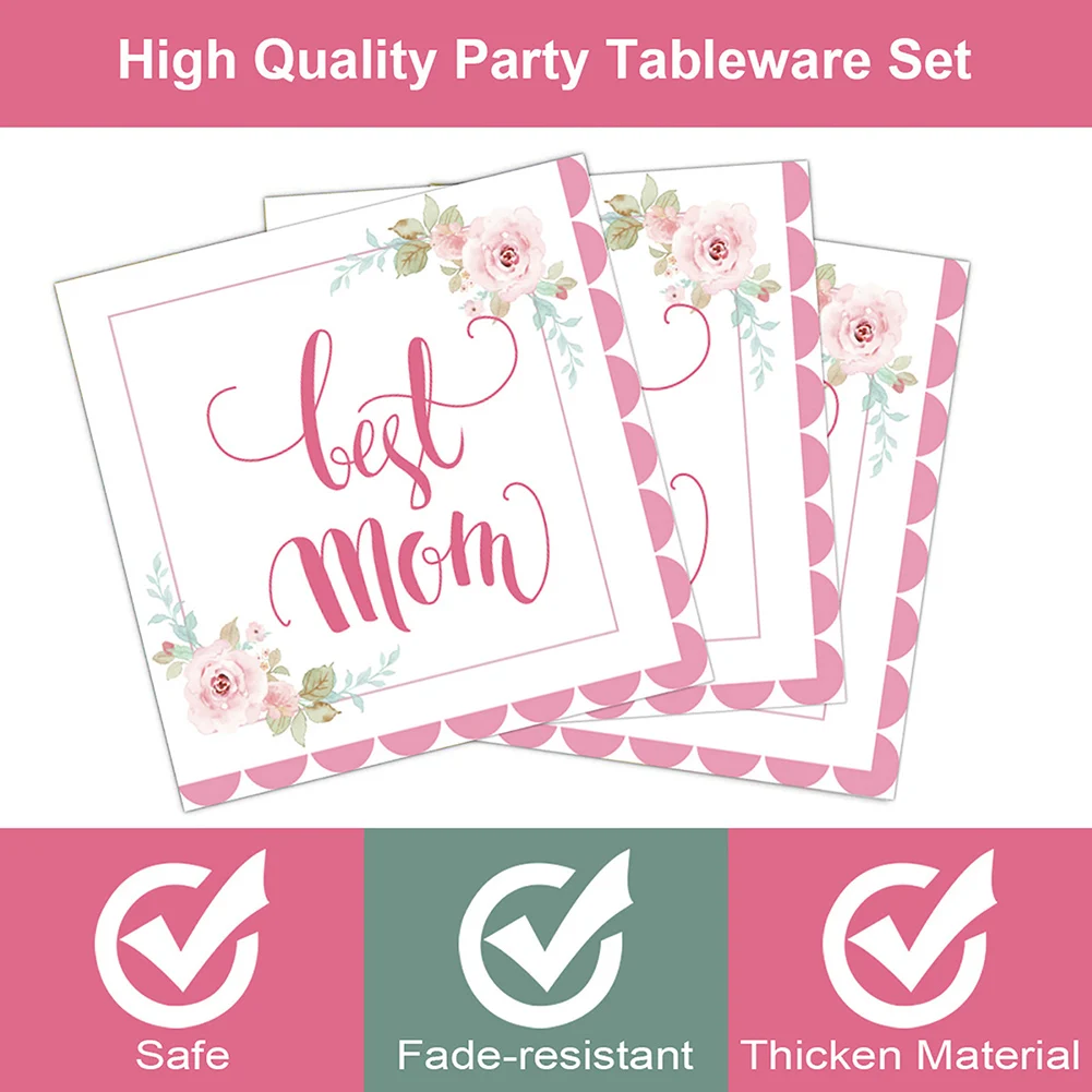 Disposable Tableware Set Pink Flowers Theme Mother's Day Party Decoration Dinner Plates Dessert Plates Napkins Paper Cups Straws