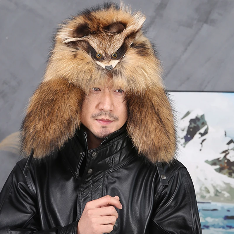 

Men's fox fur Lei Feng hat real Raccoon fur caps warm cotton hat for middle-aged and elderly raccoon fashion warm winter