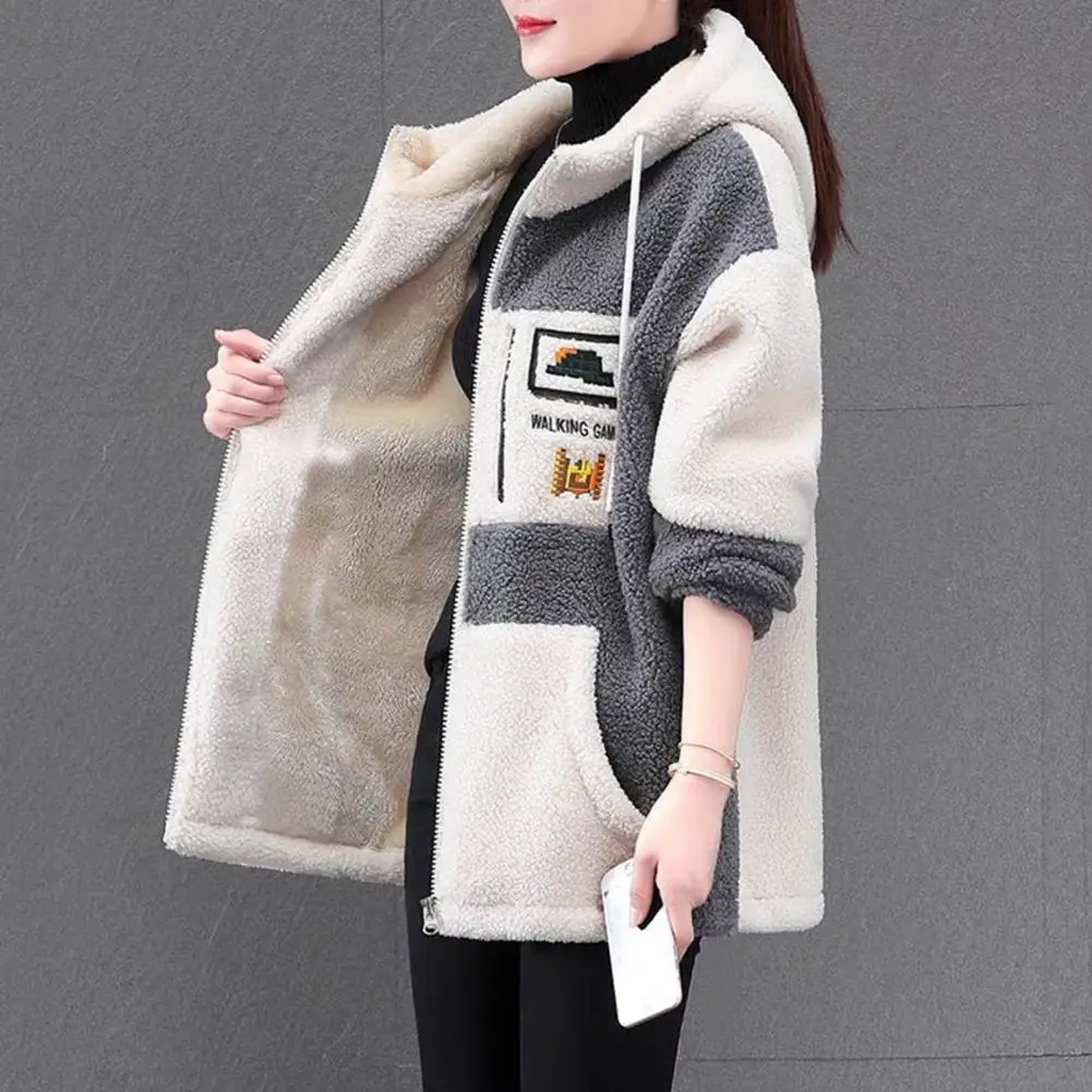 

Zipper Closure Lady Coat Cozy Hooded Colorblock Jacket Plush Embroidered Stylish Winter Coat for Women Soft Warm Women Outerwear