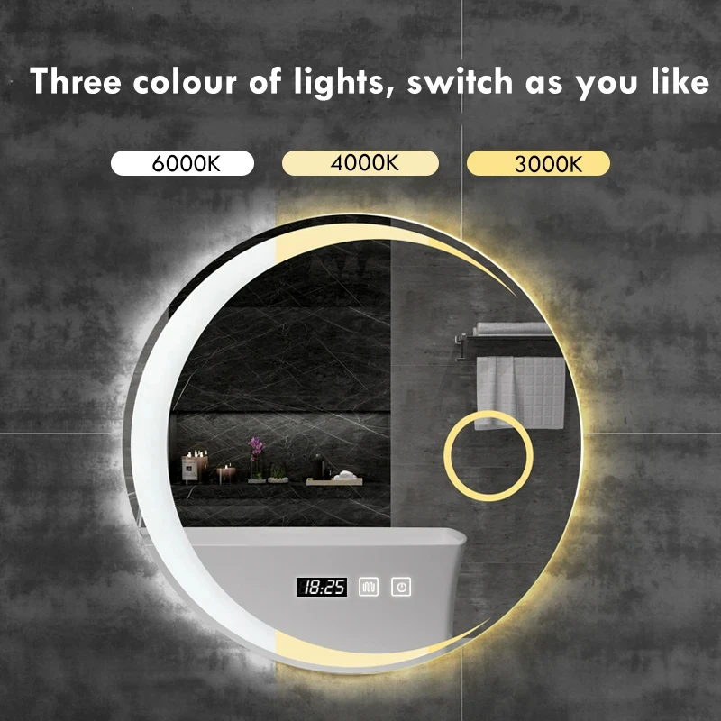 40/50/60cm Round Moon Shape Bathroom Mirror 3 Color Adjustable LED LIght With Defogging Bluetooth Speaker Smart Makeup Mirror