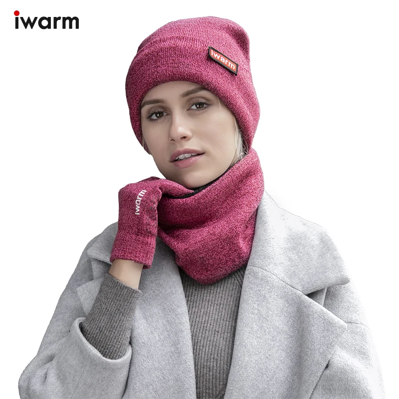 iwarm A three piece set of hats, scarves, and gloves for both men and women in winter. The plush thick style is very warm