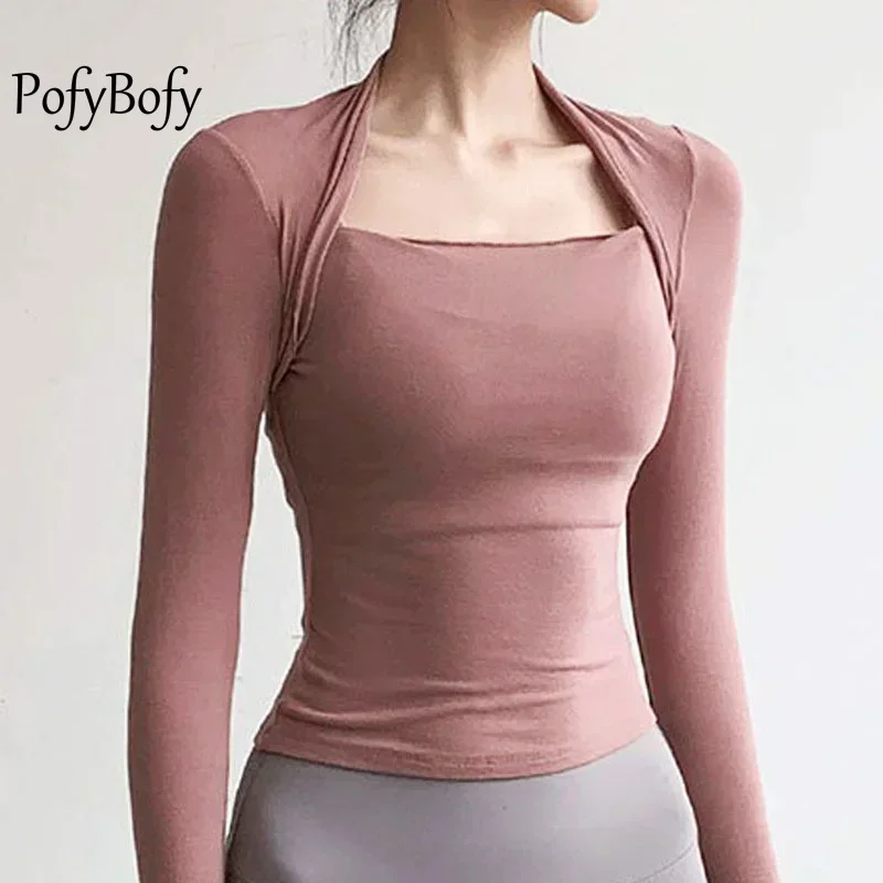 Square Neck Slim Fit Quick Drying High Elastic Lightweight Women Long Sleeves T-shirt Fitness Dance Yoga Pilates Tops