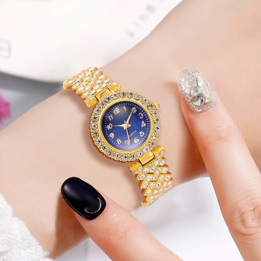 6PCS/Set Women's Blue Alloy Watch Strap Fashionable Rhinestone Quartz Watch Necklace Earrings Jewelry Set 2