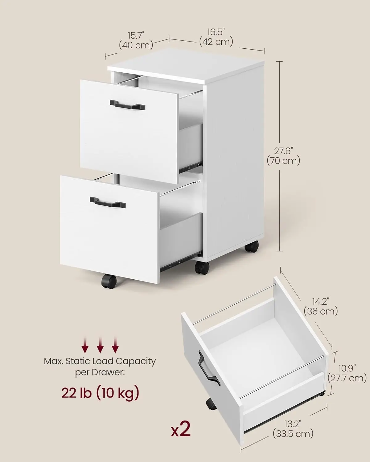 2-Drawer Rolling File Cabinet for Home Office, Printer Stand for A4/Letter Documents, 15.7"x16.5"x27.6", Snow White - UOFC040W46