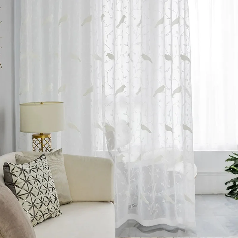 American 3D Birds and Branch Embroidery Sheer Curtains White Cotton and Linen Translucent Tulle For Living Room Bedroom Custom