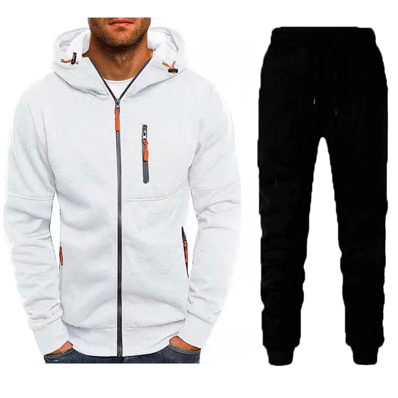 Casual Sports Style Two Piece Sets Men's Warm Cotton Hooded Outerwear Inside Pocket Drawstring Trousers Autumn Winter Male Suits