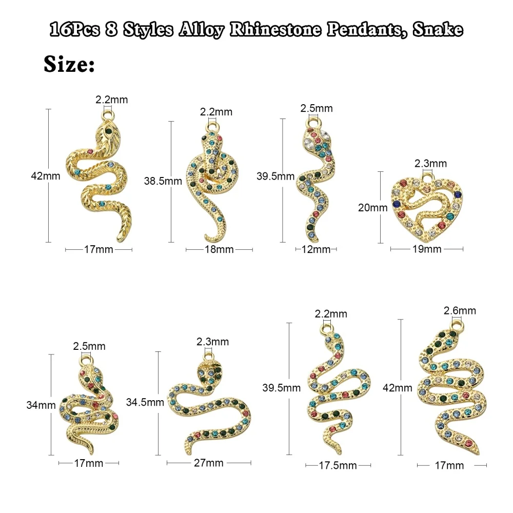 16 Pcs 8 Styles Stylish Rainbow Rhinestone Cobra Snake Charms LightGold Animal Charm for Necklace Bracelet Jewelry Making