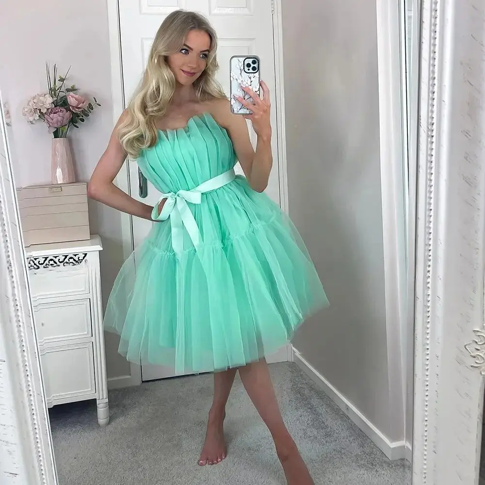 

Mint Green Tulle Mini Cocktail Party Dresses Bow Belt Strapless Fairy Short Prom Dress A Line Homecoming Graduation Gowns