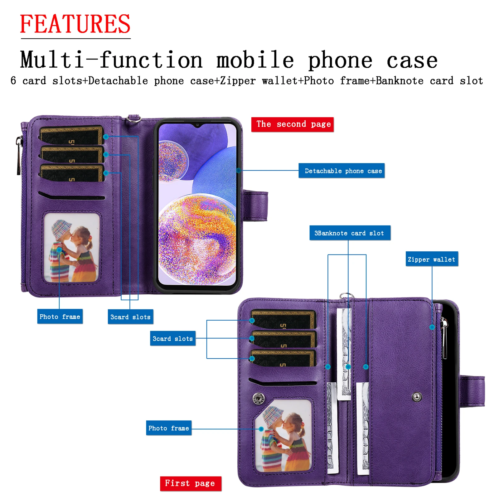 Zipper Leather Wallet with Magnetic Detachable Case and Card Slot Cover