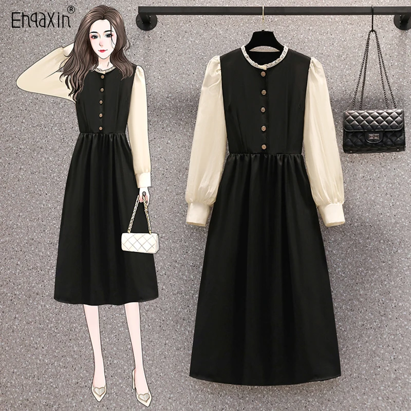 

EHQAXIN 2022 Autumn Winter New Ladies Dress Fashion Casual Lace Stitching Puff Sleeves Long Loose Dresses For Female L-4XL