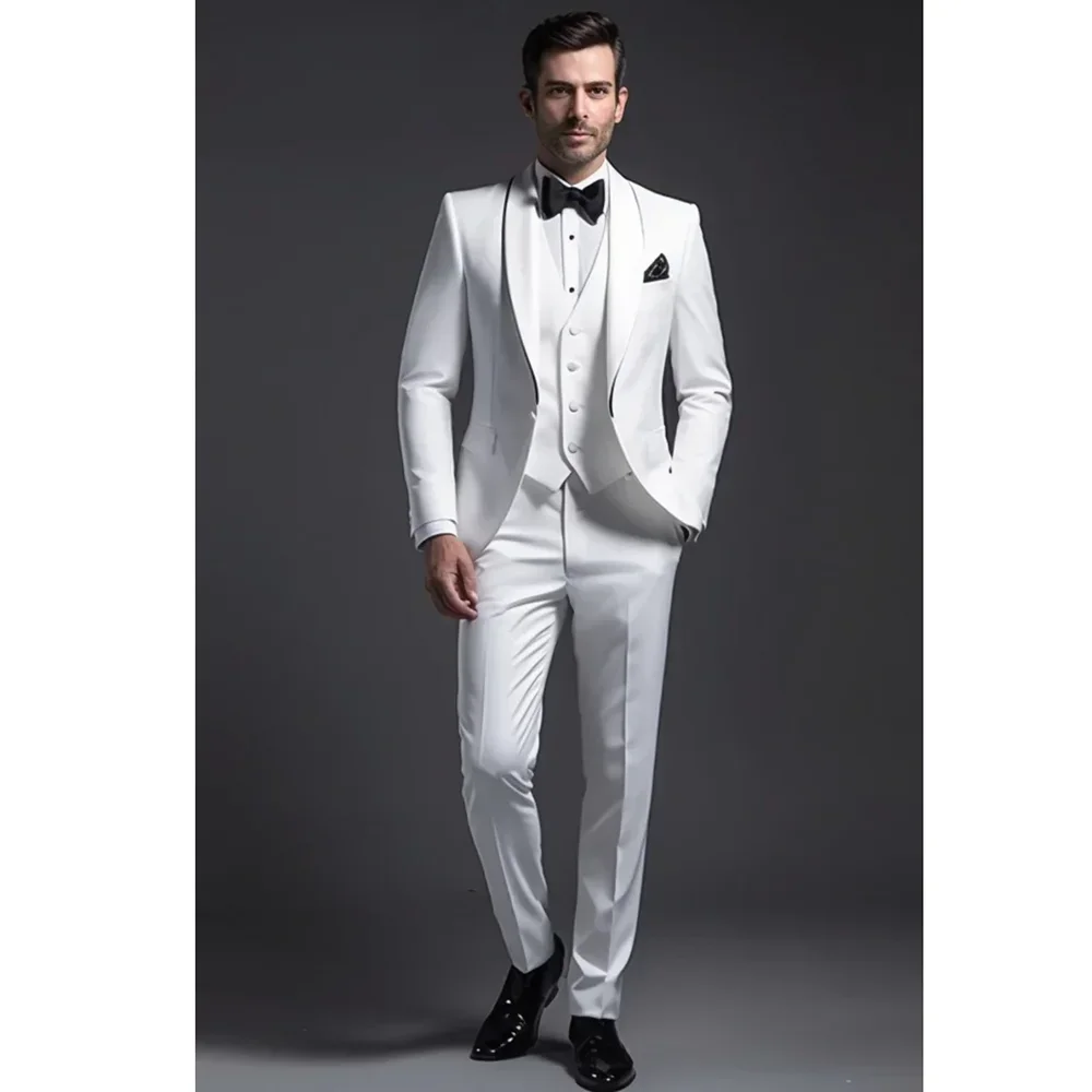 Elegant White Suits for Men 3 Piece Chic Shawl Lapel Single Button Suit Prom Party Wedding Tuxedo Slim (Blazer+Vest+Pants) 2