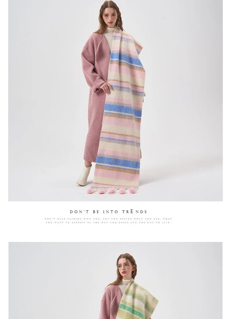 Sciarpa in cashmere con motivo a righe colorate con pallina, invernale, calda, ispessita, arcobaleno, kawaii, mohair, accessori per amanti_voghion.com