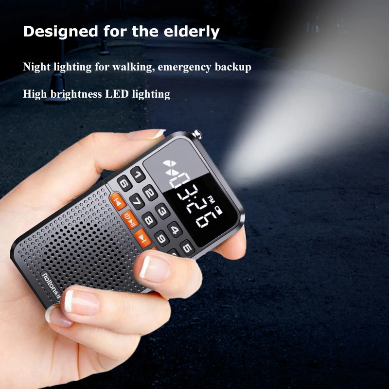 Mini Portable Pocket Radio Dual Antenna Radios Receiver Bluetooth Speaker Walkman with LED Display Flashlight TF Card Player