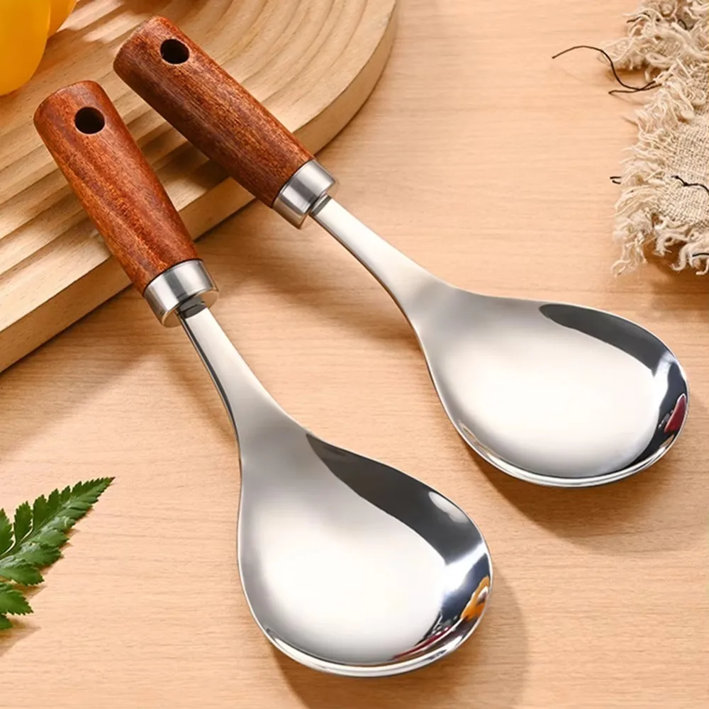 Stainless Steel Rice Spoon Thickened Heat-resistant Anti-Stick Rice Spoon Easy To Clean Wood Handle Shovel Kitchen Gadgets