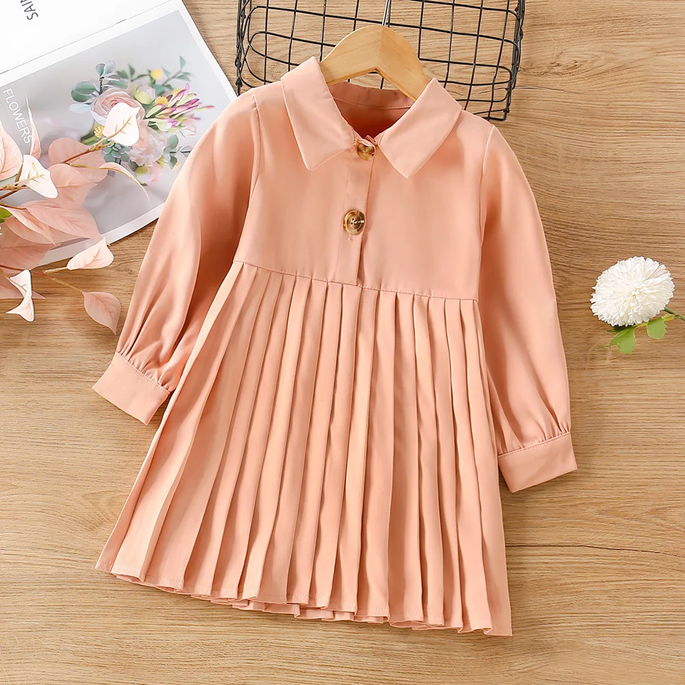 

2023 Winter New Girls Dress Long Sleeve Turn-down Collar Pleated Pink Cute Designer Girls Princess Dress Vestido 12M-5T