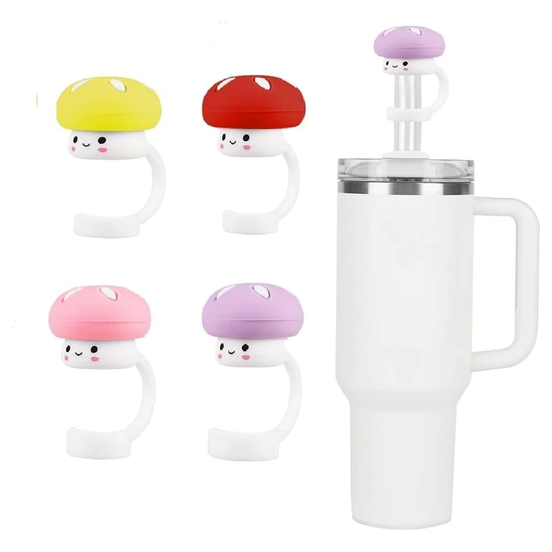 

4 Pack Silicone Straw Cover Cap For Stanley Cup Cute Mushroom Topper With Handle - Compatible With 30&40 Oz Tumbler Durable