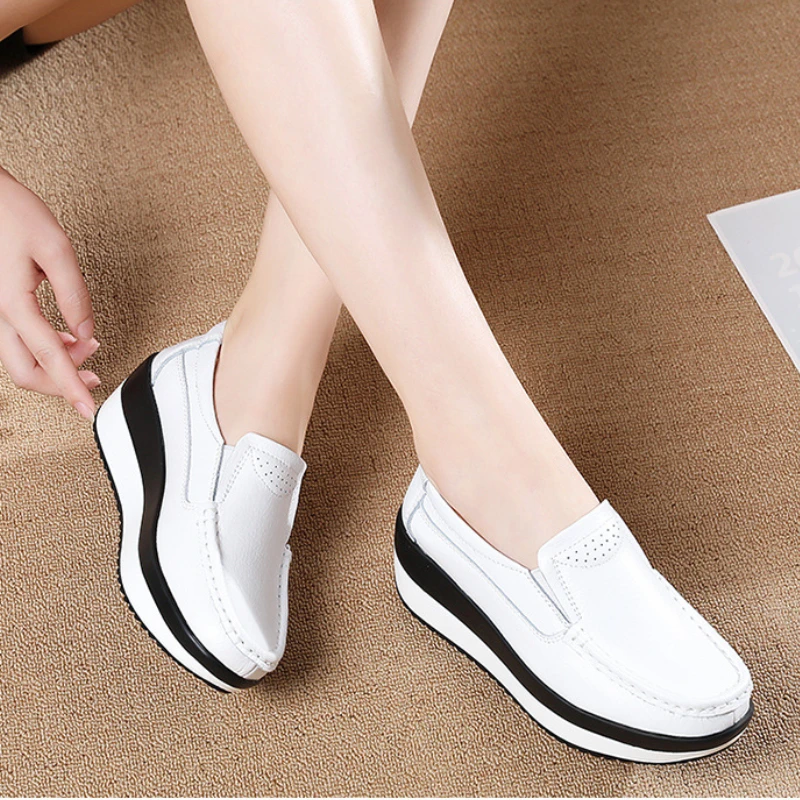 Platform Flats Loafers for Women Autumn Thick Bottom Casual Leather Walking Sneakers Round Toe Wedge Shoes Zapatos De Mujer 2023
