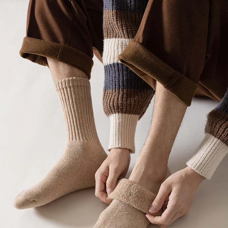 3 Pair Winter Men's Wool Socks Thickened Warm Merino Wool Socks Solid Color Cold-proof Snow Socks Men High Quality Cashmere Sock