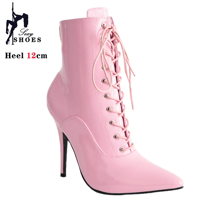 Lady Sexy Pink Fetish Zip Ankle Boots T Show Pointy Toe Lock Belt Buckle Club Party Shoes Thin High Heels Laces Boots For Women