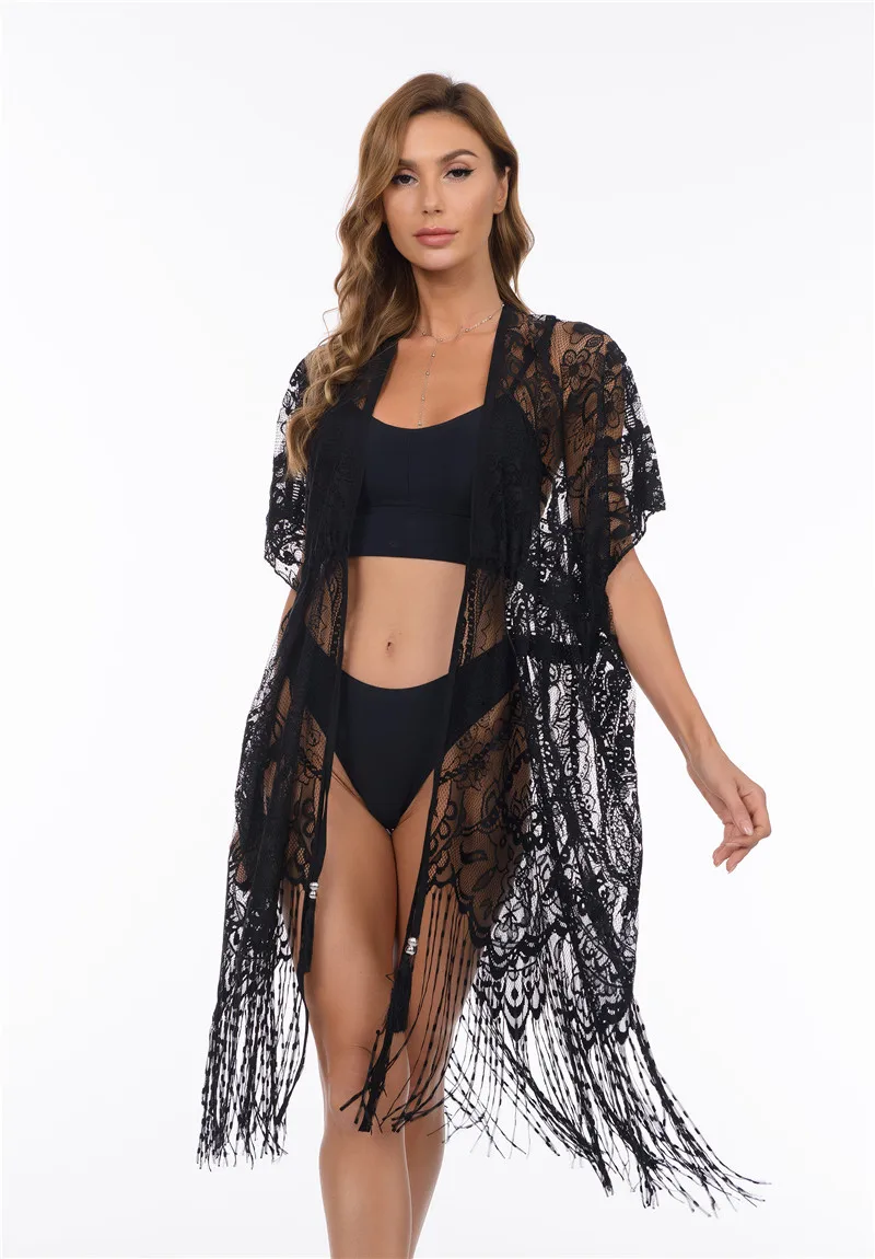 

4 Colors Cardigan Beach Dress for Women Summer Tops Beachwear with Tassel Kimono Lace Fringe Swim Cover Up Swimwear Cover-ups