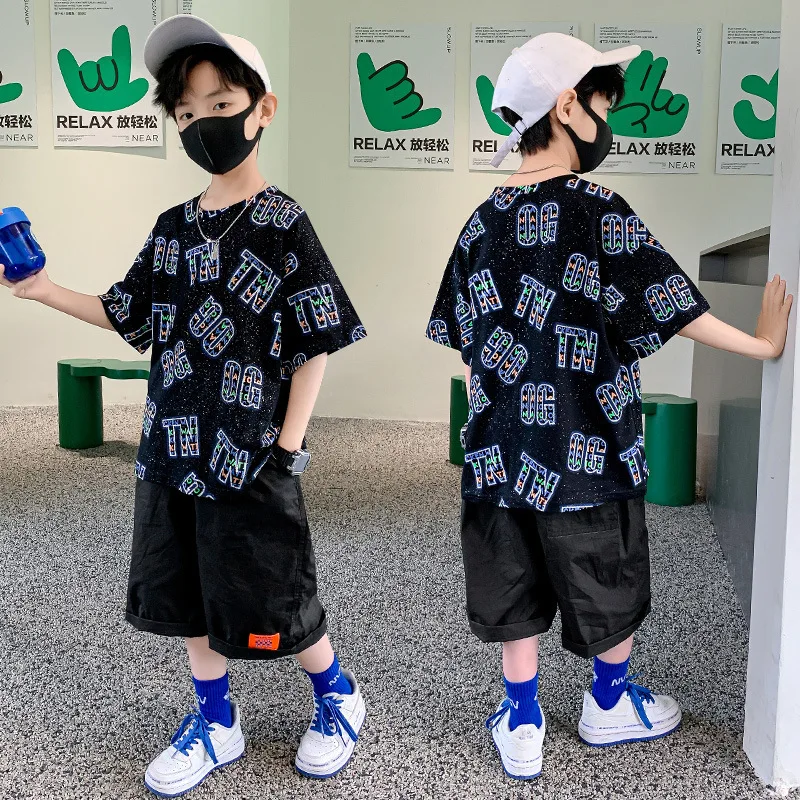 

New Summer Boys Outfits Letter Print T Shirt+Shorts Cotton Kids Casual Suits 2pcs Children Sport Clothes 4 6 7 8 10 12 14 Y